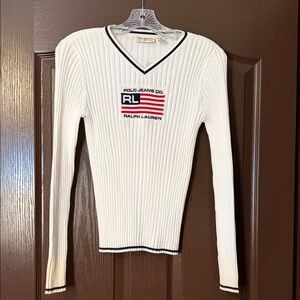 Ralph Lauren Women's White V-Neck Sweater with Navy Accents